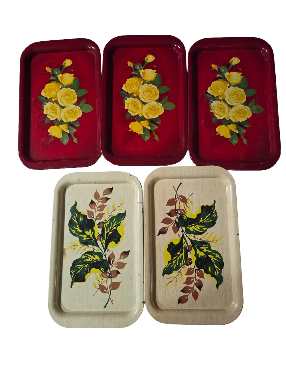 Vintage Metal TV Trays Lot of 5 - Red Rose & Cream Leaf MCM